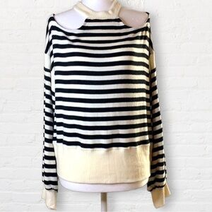 RED Haute Cold shoulder black and white striped long sleeve sweater